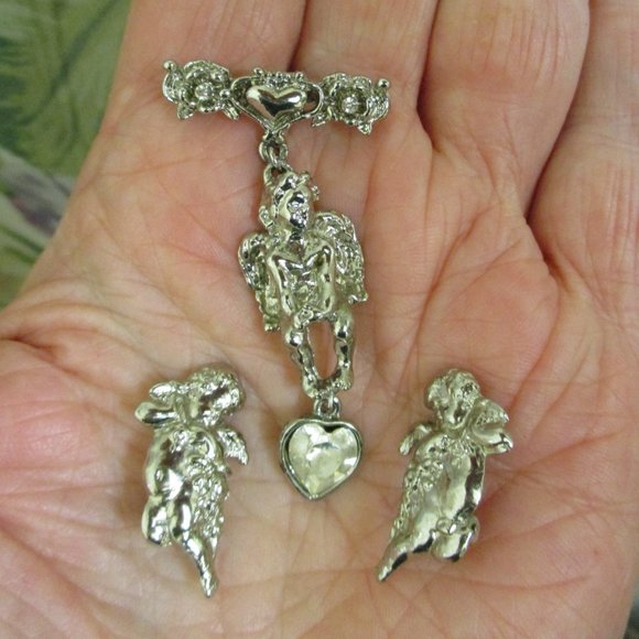 KIRK'S FOLLY Cherub Floral Heart Jewelry Set ~ Vintage Winged Cherub Set - Picture 10 of 14